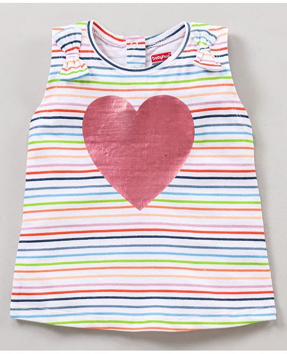Babyhug Sleeveless Striped Top Heart Print & Bow Applique - Multicolor