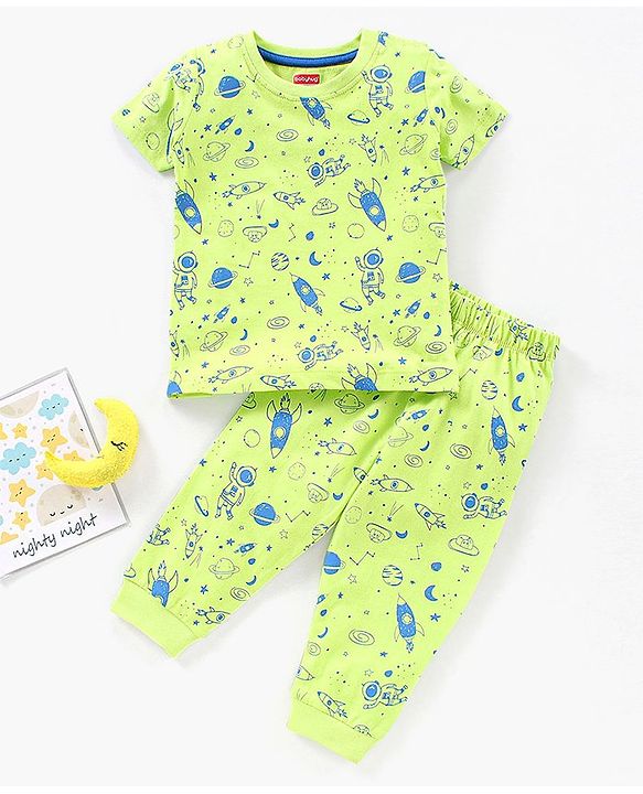 Babyhug Half Sleeves Nightwear Pajama Set Rockets Print - Green