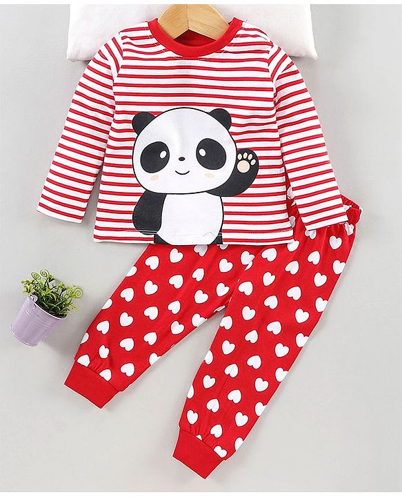 Babyhug Full Sleeves Tee & Pajama Set Panda Print - Red