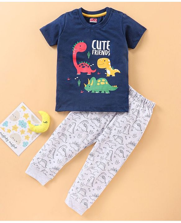 Babyhug Half Sleeves Nightwear Pajama Set Dino Print - Blue
