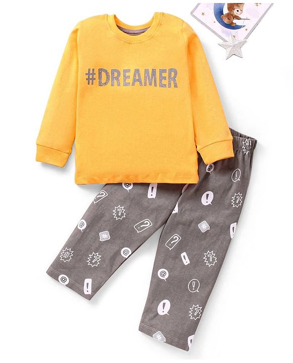 Babyhug Cotton Knit Full Sleeves Night Suit Text Print - Yellow Grey