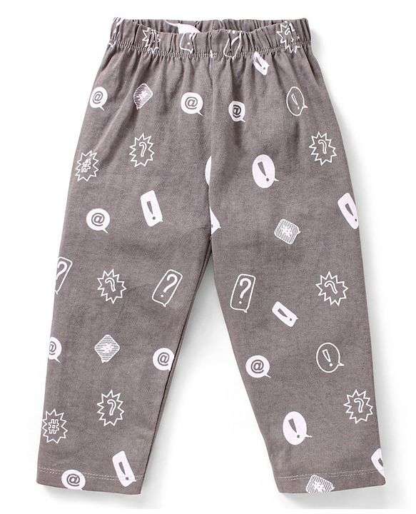 Babyhug Cotton Knit Full Sleeves Night Suit Text Print - Yellow Grey