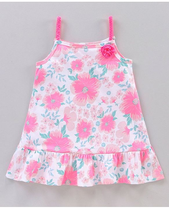 Babyhug 100%Cotton Singlet Frock Floral Print & Applique - Off White Light Pink
