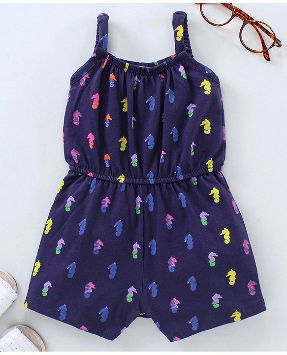 Babyhug 100% Cotton Singlet Sleeves Jumpsuit Sea Horse Print - Blue