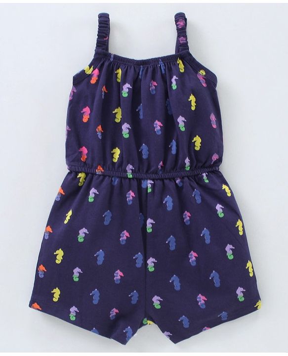 Babyhug 100% Cotton Singlet Sleeves Jumpsuit Sea Horse Print - Blue