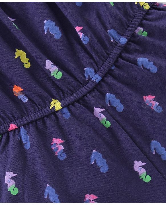Babyhug 100% Cotton Singlet Sleeves Jumpsuit Sea Horse Print - Blue