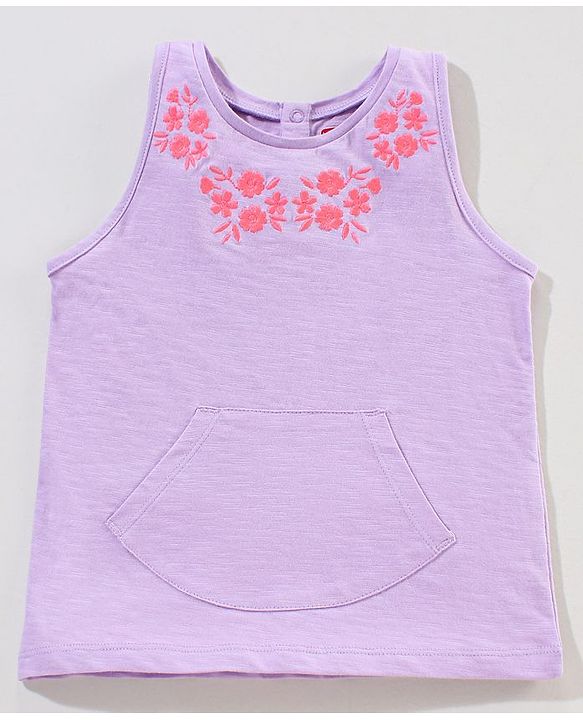 Babyhug Sleeveless Cotton T-Shirt With Foral Embroidery And Front Pockets - Purple