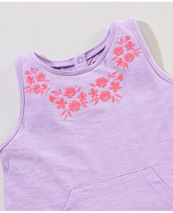 Babyhug Sleeveless Cotton T-Shirt With Foral Embroidery And Front Pockets - Purple