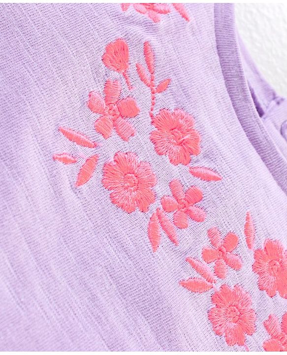 Babyhug Sleeveless Cotton T-Shirt With Foral Embroidery And Front Pockets - Purple