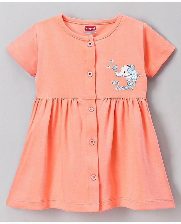 Babyhug 100% Cotton Half Sleeves Frock with Bloomer Elephant Print - Peach