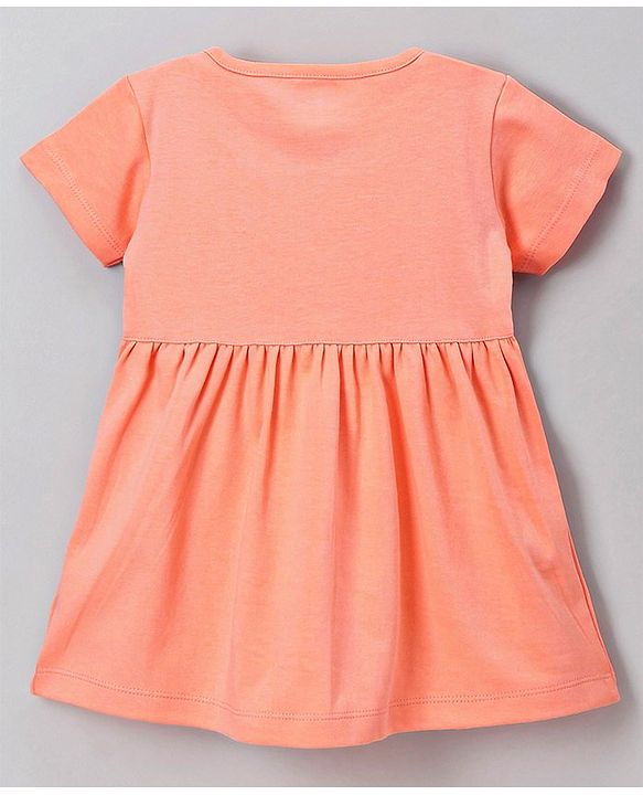 Babyhug 100% Cotton Half Sleeves Frock with Bloomer Elephant Print - Peach