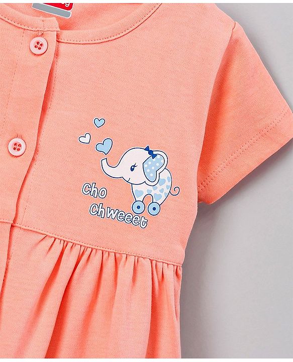 Babyhug 100% Cotton Half Sleeves Frock with Bloomer Elephant Print - Peach