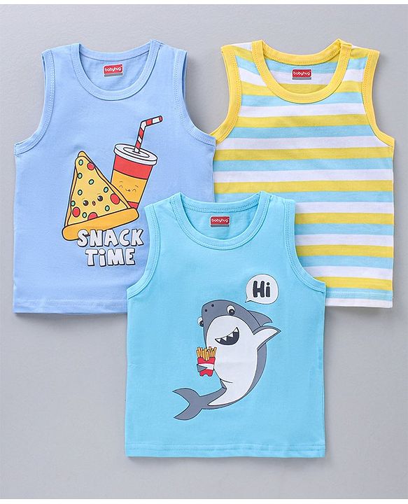 Babyhug Sleeveless Printed T-Shirts Pack Of 3 - Blue White