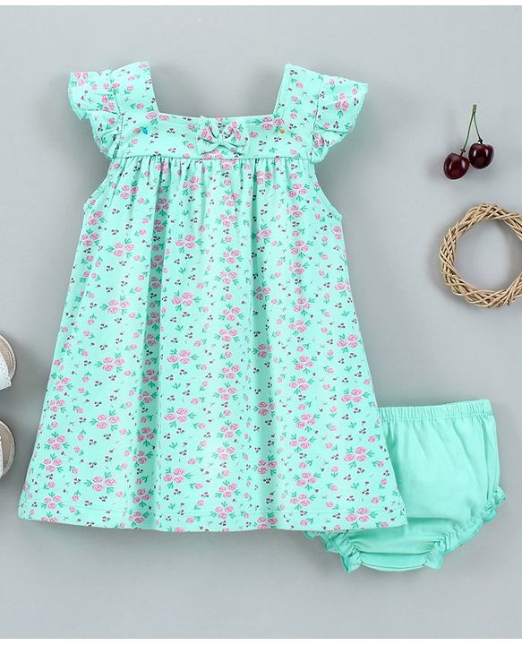 Babyhug 100 % Cotton Cap Sleeves Frock With Bloomer Floral Print (Colour May Vary)