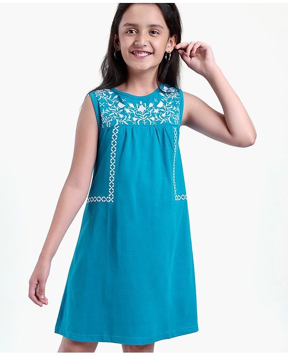Pine Kids Sleeveless Biowashed Frock with Floral Embroidery - Blue