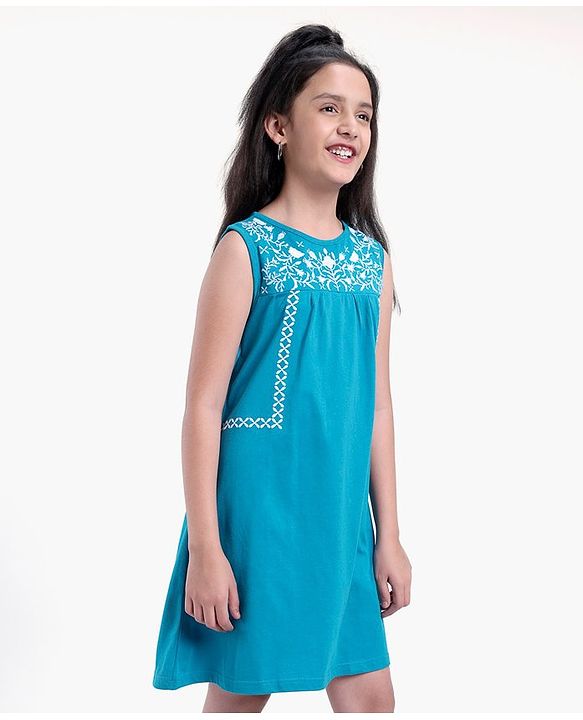 Pine Kids Sleeveless Biowashed Frock with Floral Embroidery - Blue