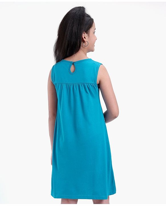 Pine Kids Sleeveless Biowashed Frock with Floral Embroidery - Blue
