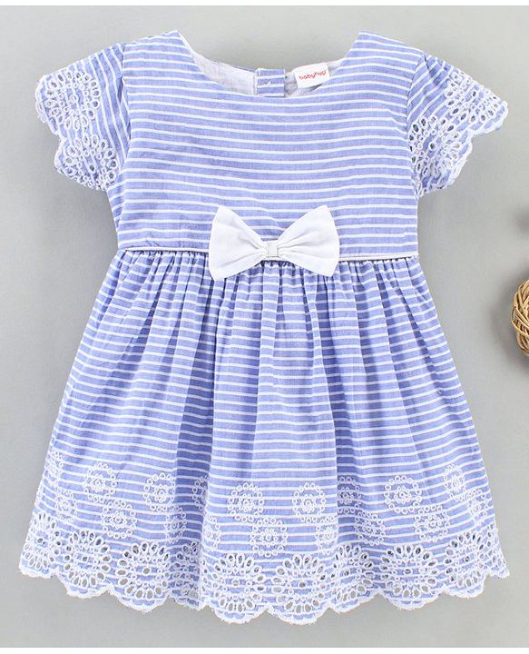 Babyhug 100% Cotton Half Sleeves Striped Frock with Schiffli Embroidery - Blue
