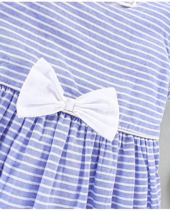 Babyhug 100% Cotton Half Sleeves Striped Frock with Schiffli Embroidery - Blue