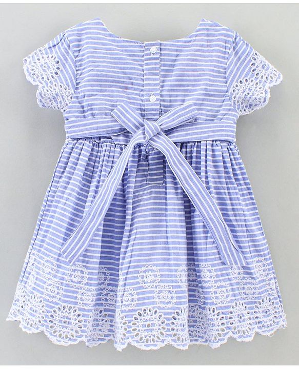 Babyhug 100% Cotton Half Sleeves Striped Frock with Schiffli Embroidery - Blue