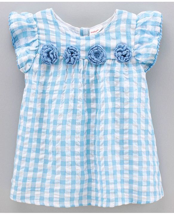 Babyhug Short Sleeves 100% Yarn Dyed Seersucker Checks Frock With Corsage - Blue