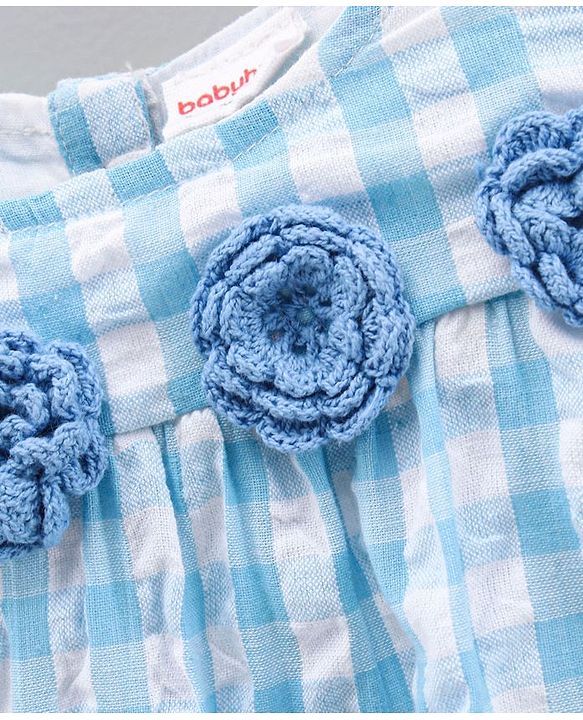 Babyhug Short Sleeves 100% Yarn Dyed Seersucker Checks Frock With Corsage - Blue