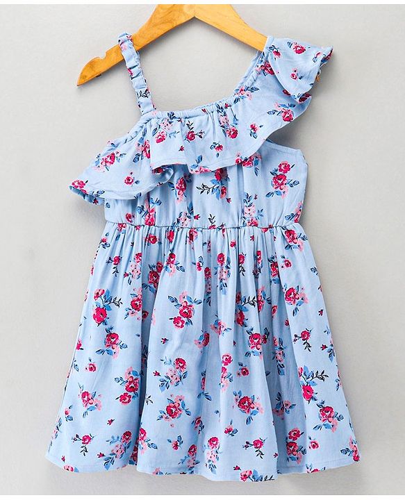 Babyhug 100% Rayon Twill Sleeveless Frock Floral Print - Blue