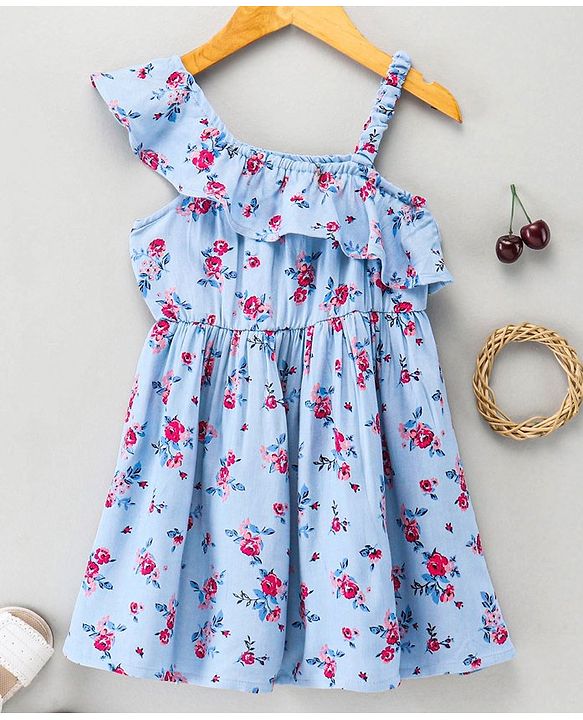 Babyhug 100% Rayon Twill Sleeveless Frock Floral Print - Blue