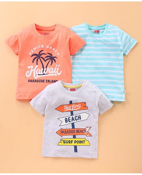 Babyhug Half Sleeves Multi Print T-Shirt  - Peach Blue Grey