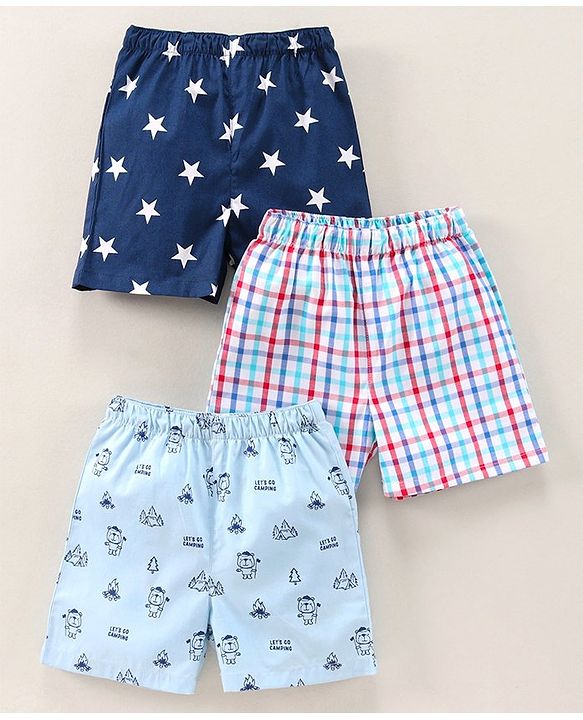 Babyhug Knee Length Cotton Boxer Check Star And Camping Print Pack Of 3 - Blue White Red