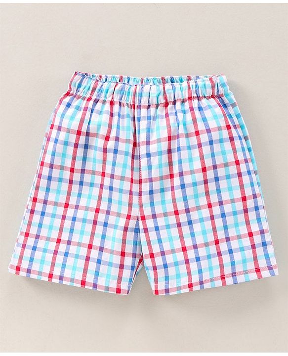 Babyhug Knee Length Cotton Boxer Check Star And Camping Print Pack Of 3 - Blue White Red