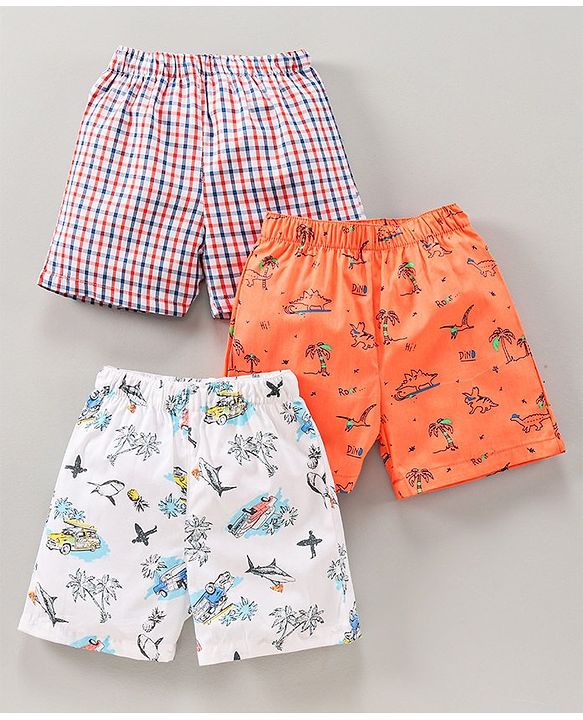 Babyhug Knee Length Cotton Printed Boxer Pack Of 3 - Orange White Blue Red
