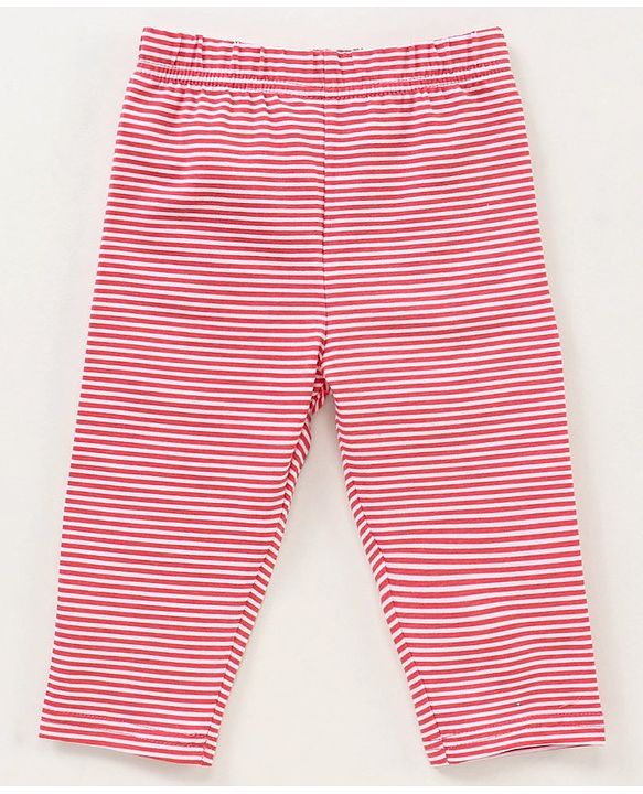 Babyhug Three Fourth Length Cotton Lycra Leggings Floral And Stripe Print Pack Of 3 - Red Blue Pink