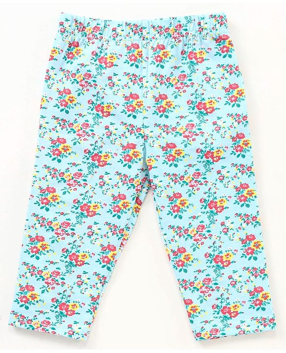 Babyhug Three Fourth Length Cotton Lycra Leggings Floral And Stripe Print Pack Of 3 - Red Blue Pink