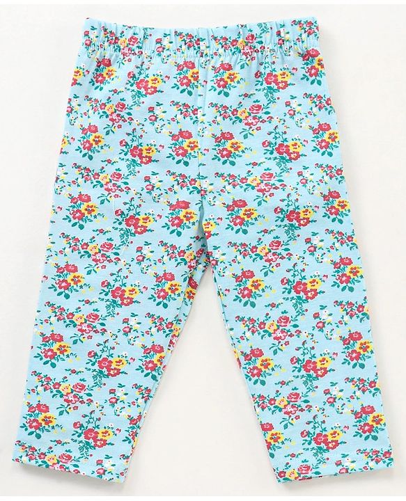 Babyhug Three Fourth Length Cotton Lycra Leggings Floral And Stripe Print Pack Of 3 - Red Blue Pink