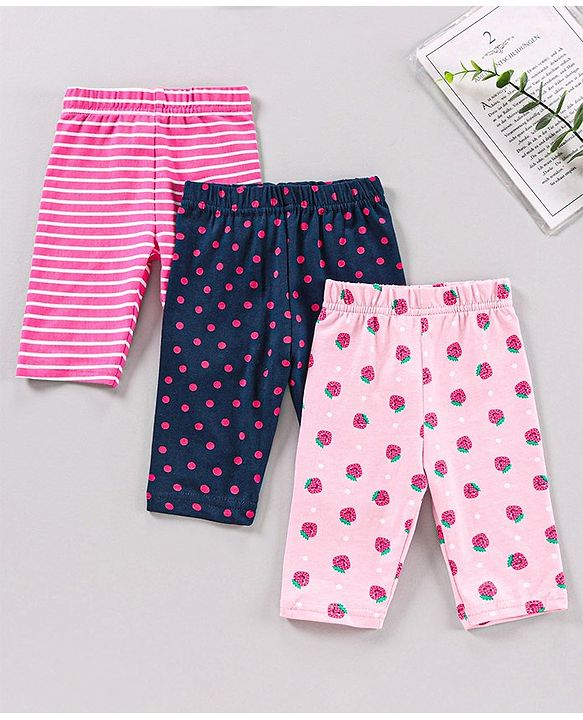 Babyhug Three Fourth Length Lycra Leggings Polka Dots And Stripes Print Pack Of 3 - Blue Pink