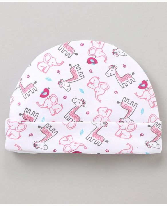 Babyhug 100 % Cotton Caps Animal print & Bow Applique - Pink & White