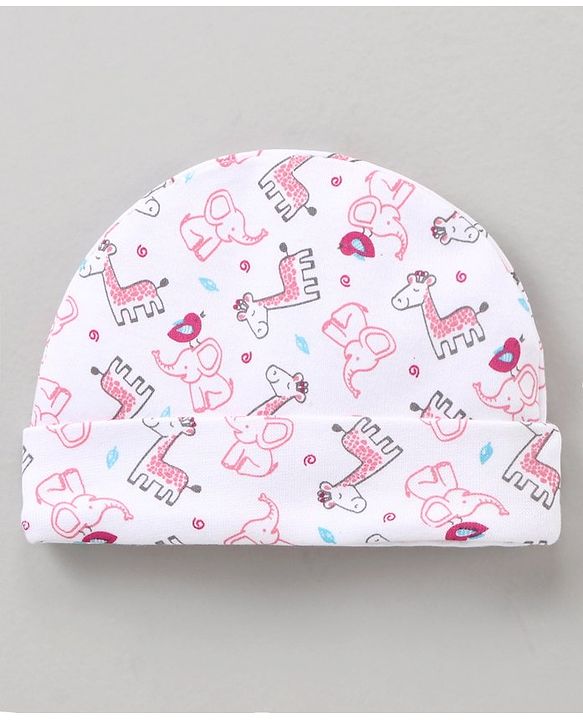 Babyhug 100 % Cotton Caps Animal print & Bow Applique - Pink & White