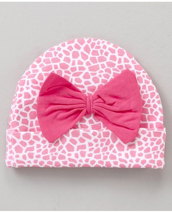Babyhug 100 % Cotton Caps Animal print & Bow Applique - Pink & White