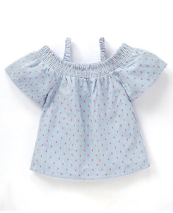 Babyhug Half Sleeves Cotton Yarn Dyed Dobby Off Shoulder Striped Woven Top - White & Blue