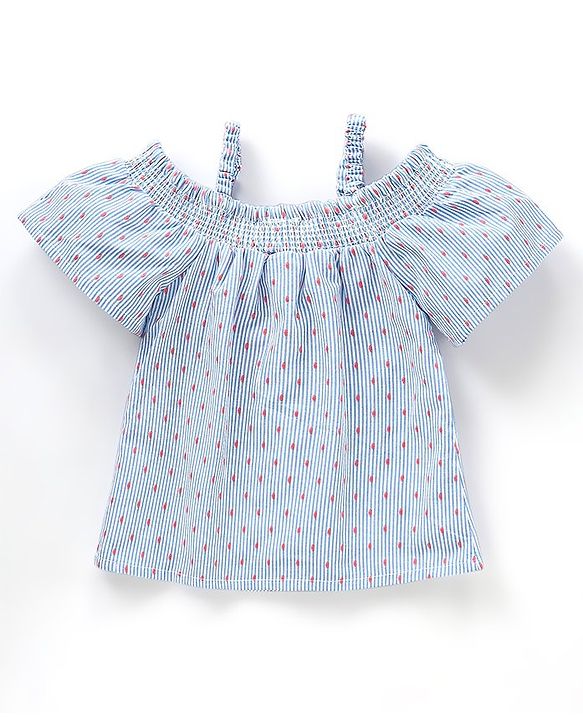 Babyhug Half Sleeves Cotton Yarn Dyed Dobby Off Shoulder Striped Woven Top - White & Blue