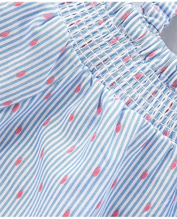 Babyhug Half Sleeves Cotton Yarn Dyed Dobby Off Shoulder Striped Woven Top - White & Blue