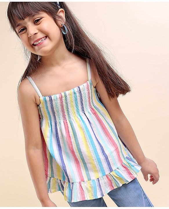 Babyhug Singlet Striped Cotton Lurex Top With Smocking And Frill Detailing-Multicolor