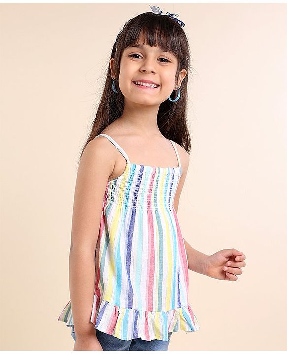 Babyhug Singlet Striped Cotton Lurex Top With Smocking And Frill Detailing-Multicolor