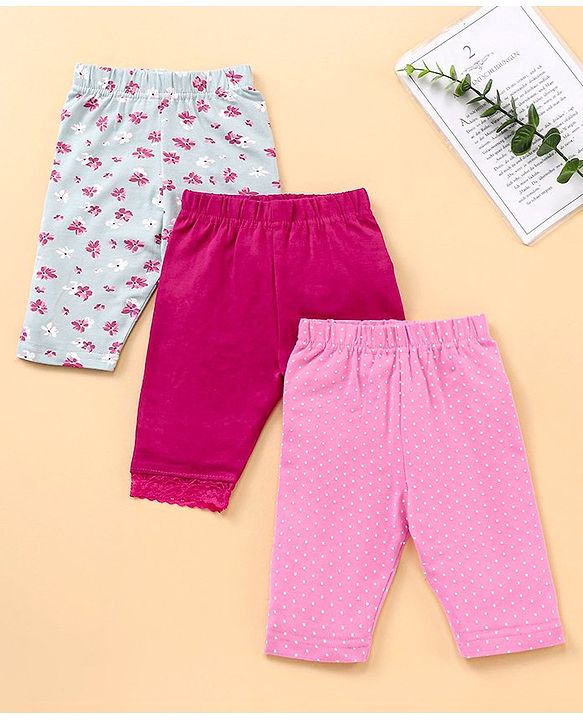 Babyhug Three Fourth Length Leggings Printed & Solid Pack Of 3 - Multicolor