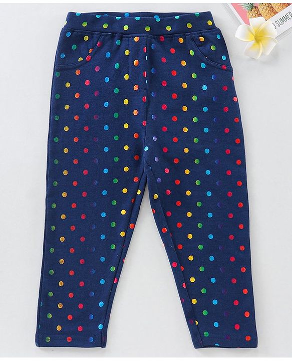 Babyhug Full Length Polka Dotted Jeggings - Navy Blue