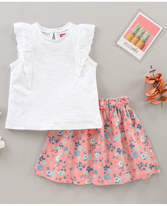 Babyhug Short Sleeves Top & Skirt Set Floral Print - White Peach