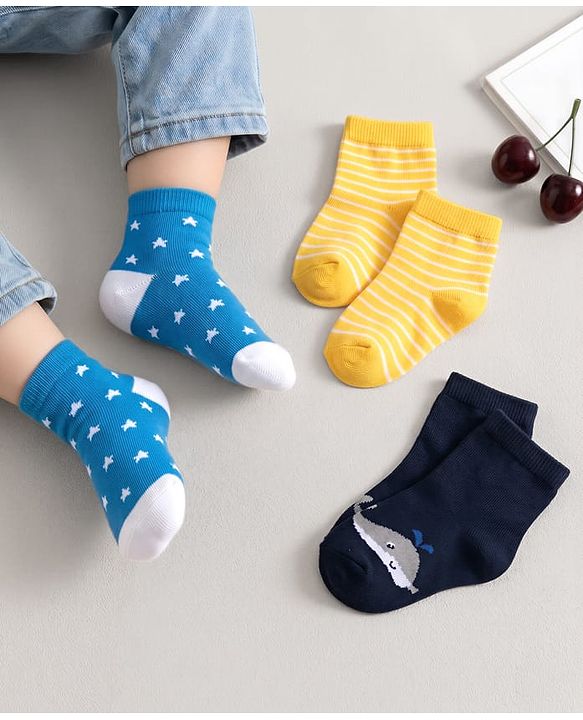 Cute Walk by Babyhug Ankle Length Antibacterial Socks Star Stripe And Whale Design Pack Of 3 - Blue Yellow