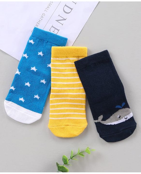 Cute Walk by Babyhug Ankle Length Antibacterial Socks Star Stripe And Whale Design Pack Of 3 - Blue Yellow