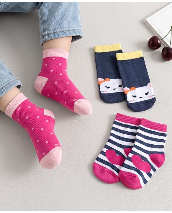 Cute Walk by Babyhug Ankle Length Antibacterial Socks Dot Stripe Cat Design Pack Of 3 - Blue Pink White